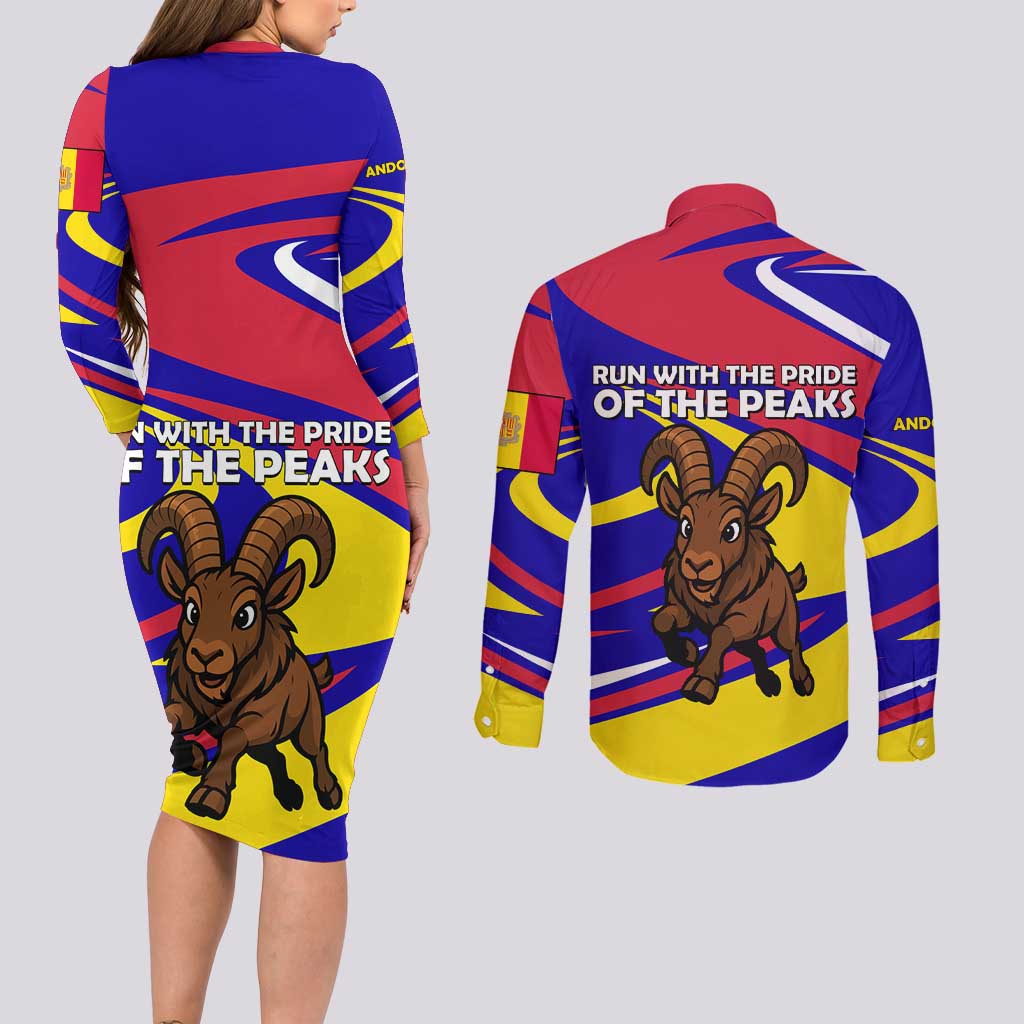 Andorra Couples Matching Long Sleeve Bodycon Dress and Long Sleeve Button Shirt with Cartoon Ibex and Swirl Stripe Design - Wonder Print Shop