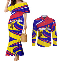 Andorra Couples Matching Mermaid Dress and Long Sleeve Button Shirt with Cartoon Ibex and Swirl Stripe Design - Wonder Print Shop