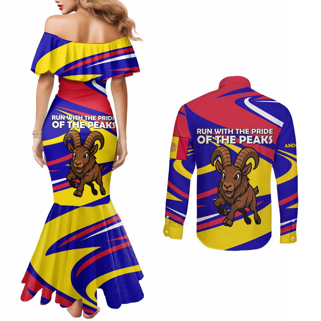 Andorra Couples Matching Mermaid Dress and Long Sleeve Button Shirt with Cartoon Ibex and Swirl Stripe Design - Wonder Print Shop