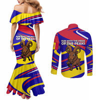 Andorra Couples Matching Mermaid Dress and Long Sleeve Button Shirt with Cartoon Ibex and Swirl Stripe Design - Wonder Print Shop