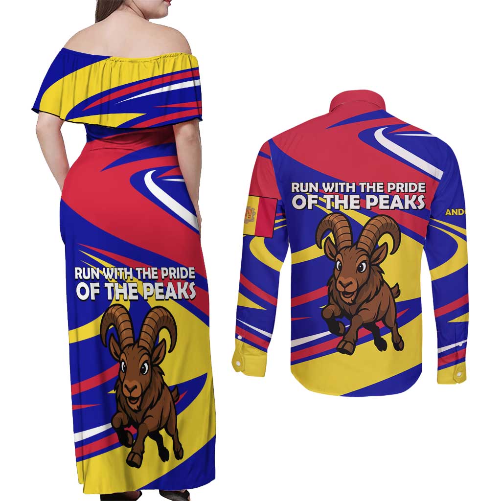 Andorra Couples Matching Off Shoulder Maxi Dress and Long Sleeve Button Shirt with Cartoon Ibex and Swirl Stripe Design - Wonder Print Shop