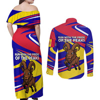 Andorra Couples Matching Off Shoulder Maxi Dress and Long Sleeve Button Shirt with Cartoon Ibex and Swirl Stripe Design - Wonder Print Shop