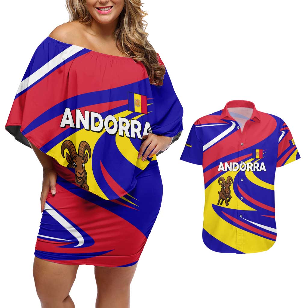 Andorra Couples Matching Off Shoulder Short Dress and Hawaiian Shirt with Cartoon Ibex and Swirl Stripe Design - Wonder Print Shop