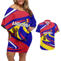 Andorra Couples Matching Off Shoulder Short Dress and Hawaiian Shirt with Cartoon Ibex and Swirl Stripe Design - Wonder Print Shop