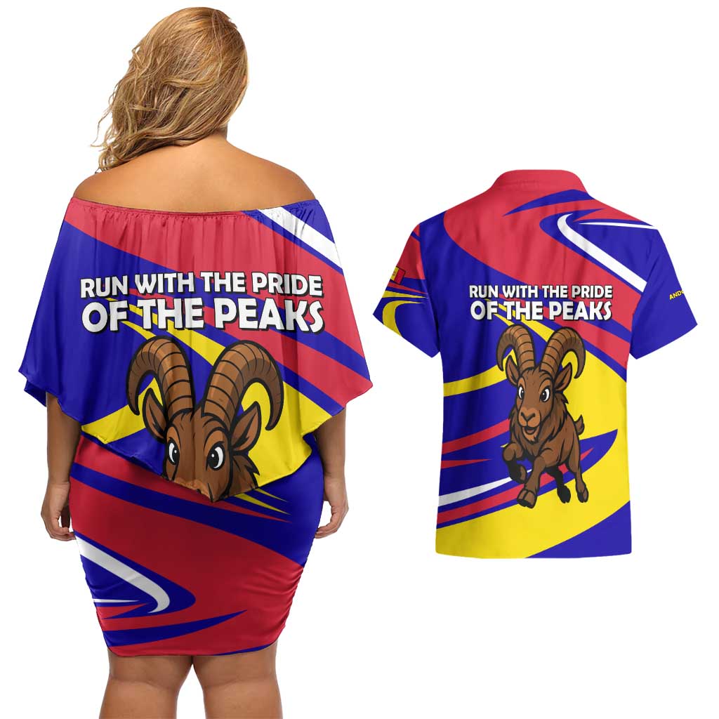 Andorra Couples Matching Off Shoulder Short Dress and Hawaiian Shirt with Cartoon Ibex and Swirl Stripe Design - Wonder Print Shop