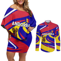 Andorra Couples Matching Off Shoulder Short Dress and Long Sleeve Button Shirt with Cartoon Ibex and Swirl Stripe Design - Wonder Print Shop