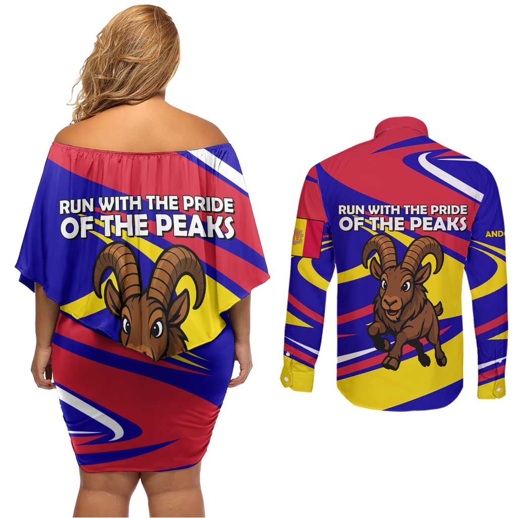 Andorra Couples Matching Off Shoulder Short Dress and Long Sleeve Button Shirt with Cartoon Ibex and Swirl Stripe Design - Wonder Print Shop