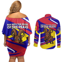 Andorra Couples Matching Off Shoulder Short Dress and Long Sleeve Button Shirt with Cartoon Ibex and Swirl Stripe Design - Wonder Print Shop