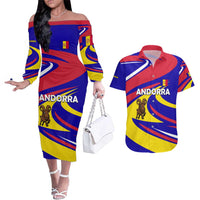 Andorra Couples Matching Off The Shoulder Long Sleeve Dress and Hawaiian Shirt with Cartoon Ibex and Swirl Stripe Design - Wonder Print Shop