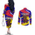 Andorra Couples Matching Off The Shoulder Long Sleeve Dress and Long Sleeve Button Shirt with Cartoon Ibex and Swirl Stripe Design - Wonder Print Shop