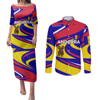 Andorra Couples Matching Puletasi and Long Sleeve Button Shirt with Cartoon Ibex and Swirl Stripe Design - Wonder Print Shop