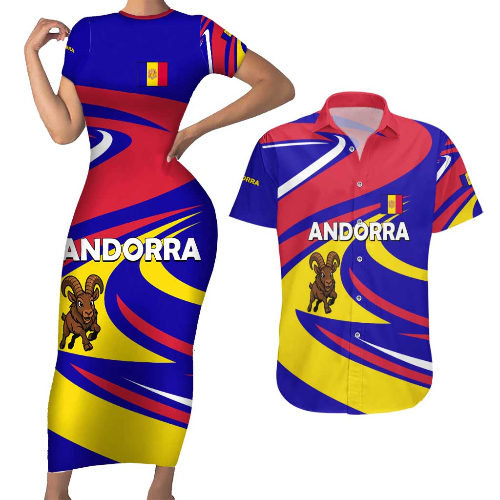 Andorra Couples Matching Short Sleeve Bodycon Dress and Hawaiian Shirt with Cartoon Ibex and Swirl Stripe Design - Wonder Print Shop