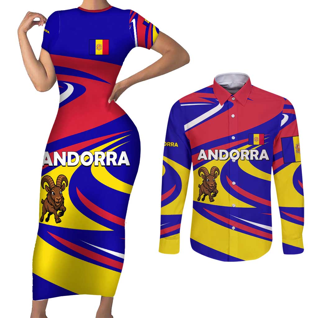 Andorra Couples Matching Short Sleeve Bodycon Dress and Long Sleeve Button Shirt with Cartoon Ibex and Swirl Stripe Design - Wonder Print Shop
