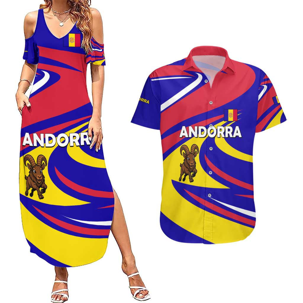 Andorra Couples Matching Summer Maxi Dress and Hawaiian Shirt with Cartoon Ibex and Swirl Stripe Design - Wonder Print Shop