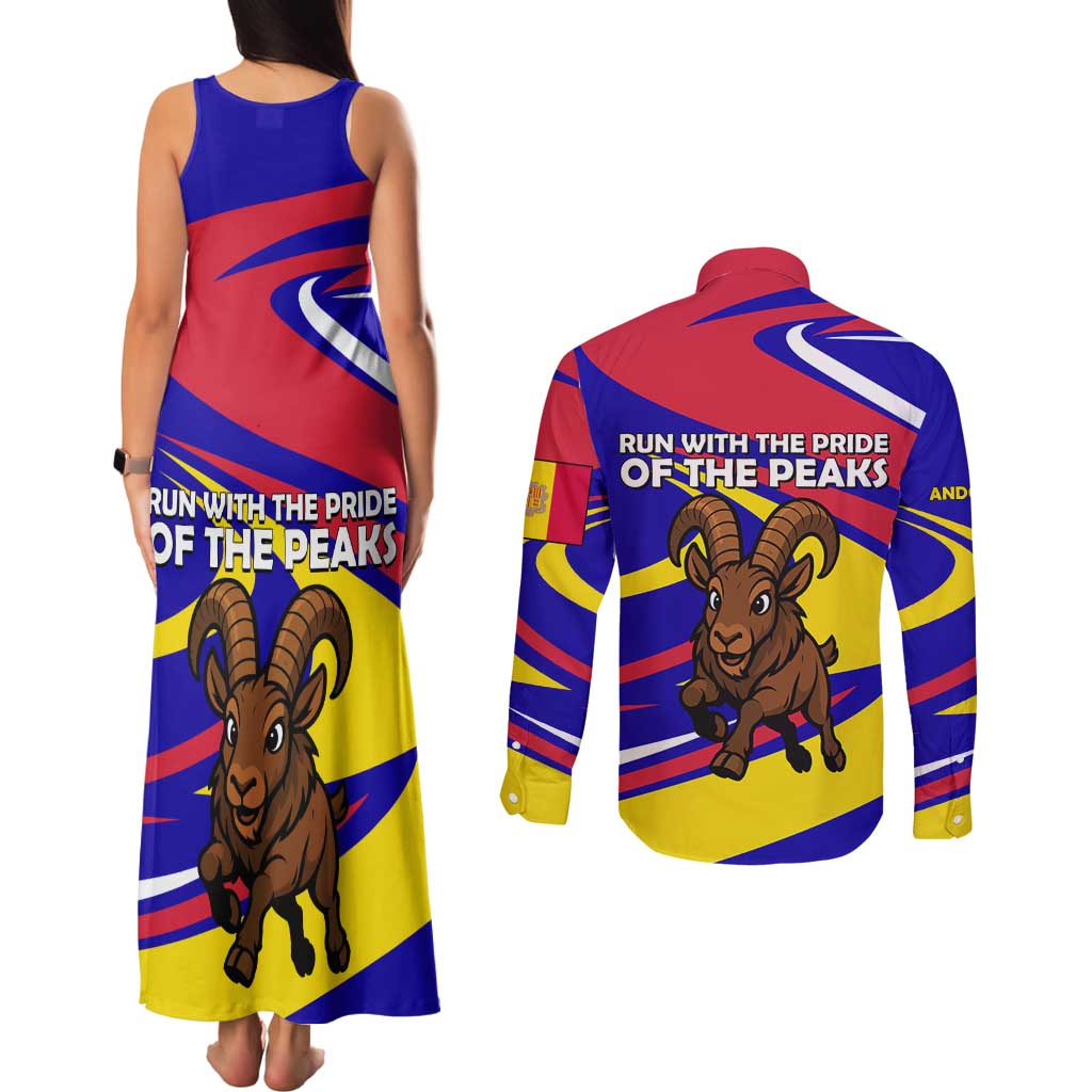 Andorra Couples Matching Tank Maxi Dress and Long Sleeve Button Shirt with Cartoon Ibex and Swirl Stripe Design - Wonder Print Shop