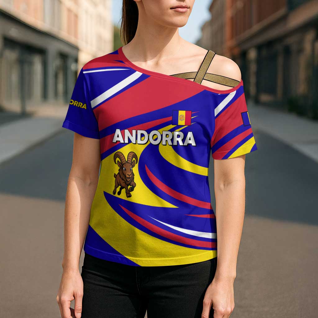 Andorra Cross Shoulder Shirt with Cartoon Ibex and Swirl Stripe Design - Wonder Print Shop