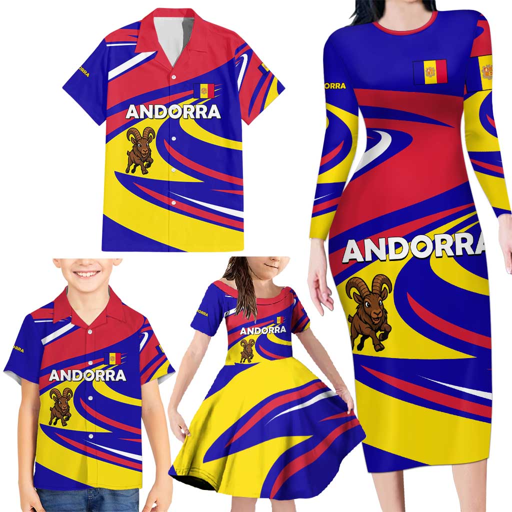 Andorra Family Matching Long Sleeve Bodycon Dress and Hawaiian Shirt with Cartoon Ibex and Swirl Stripe Design - Wonder Print Shop