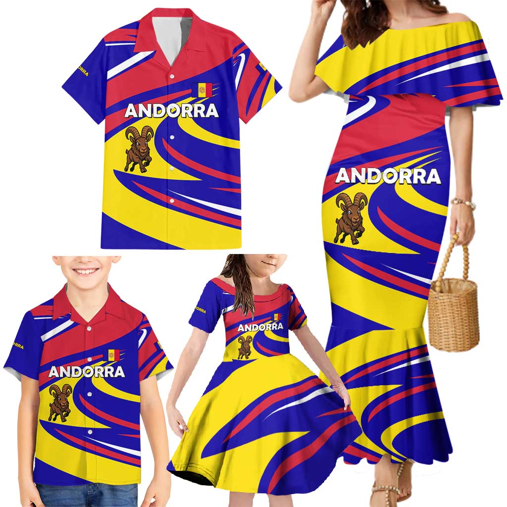 Andorra Family Matching Mermaid Dress and Hawaiian Shirt with Cartoon Ibex and Swirl Stripe Design - Wonder Print Shop