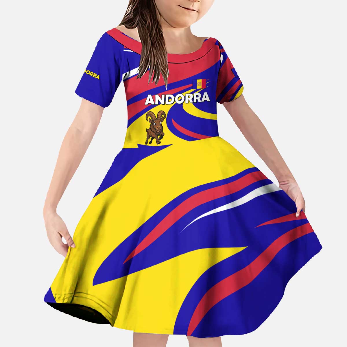 Andorra Family Matching Off The Shoulder Long Sleeve Dress and Hawaiian Shirt with Cartoon Ibex and Swirl Stripe Design - Wonder Print Shop