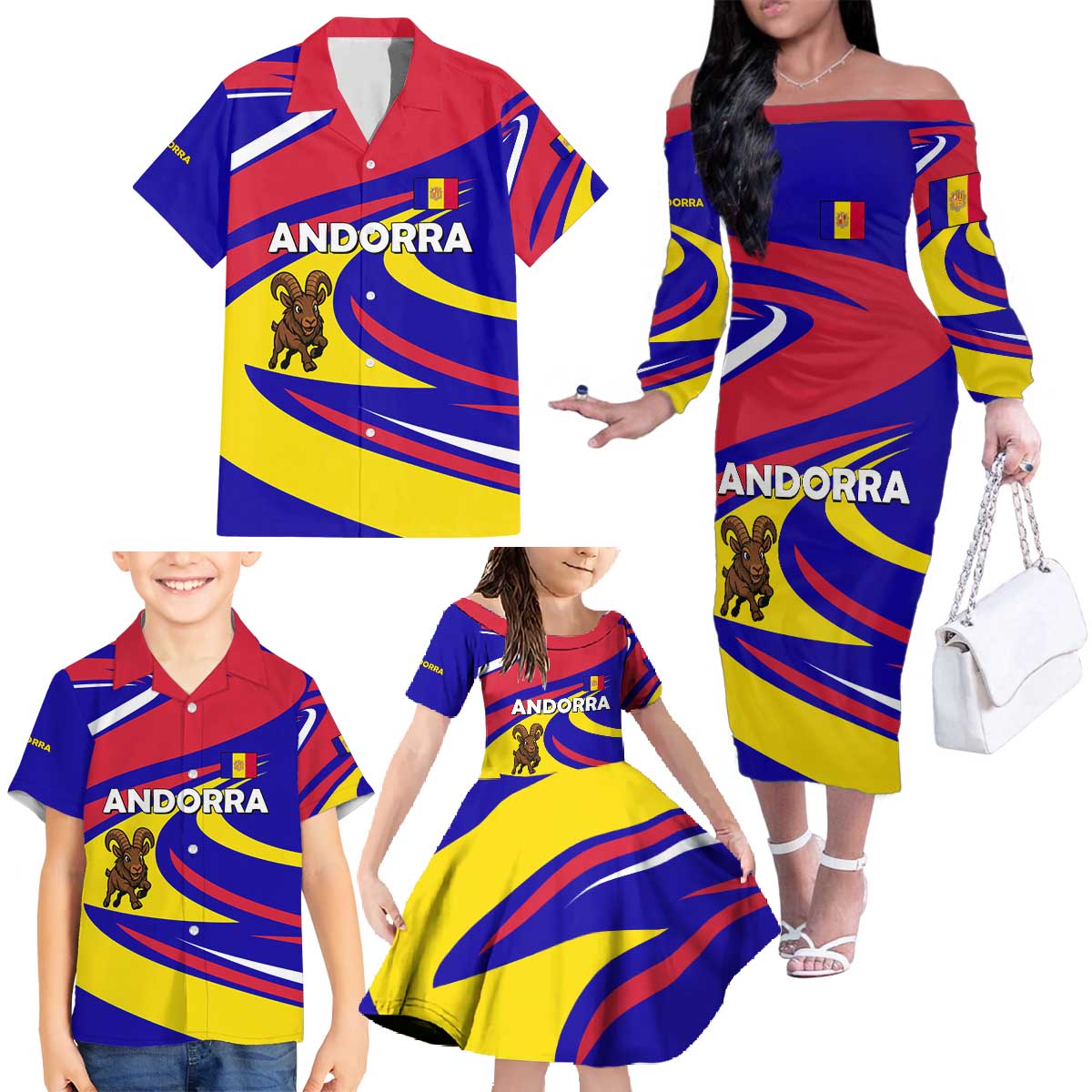 Andorra Family Matching Off The Shoulder Long Sleeve Dress and Hawaiian Shirt with Cartoon Ibex and Swirl Stripe Design - Wonder Print Shop