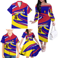 Andorra Family Matching Off The Shoulder Long Sleeve Dress and Hawaiian Shirt with Cartoon Ibex and Swirl Stripe Design - Wonder Print Shop