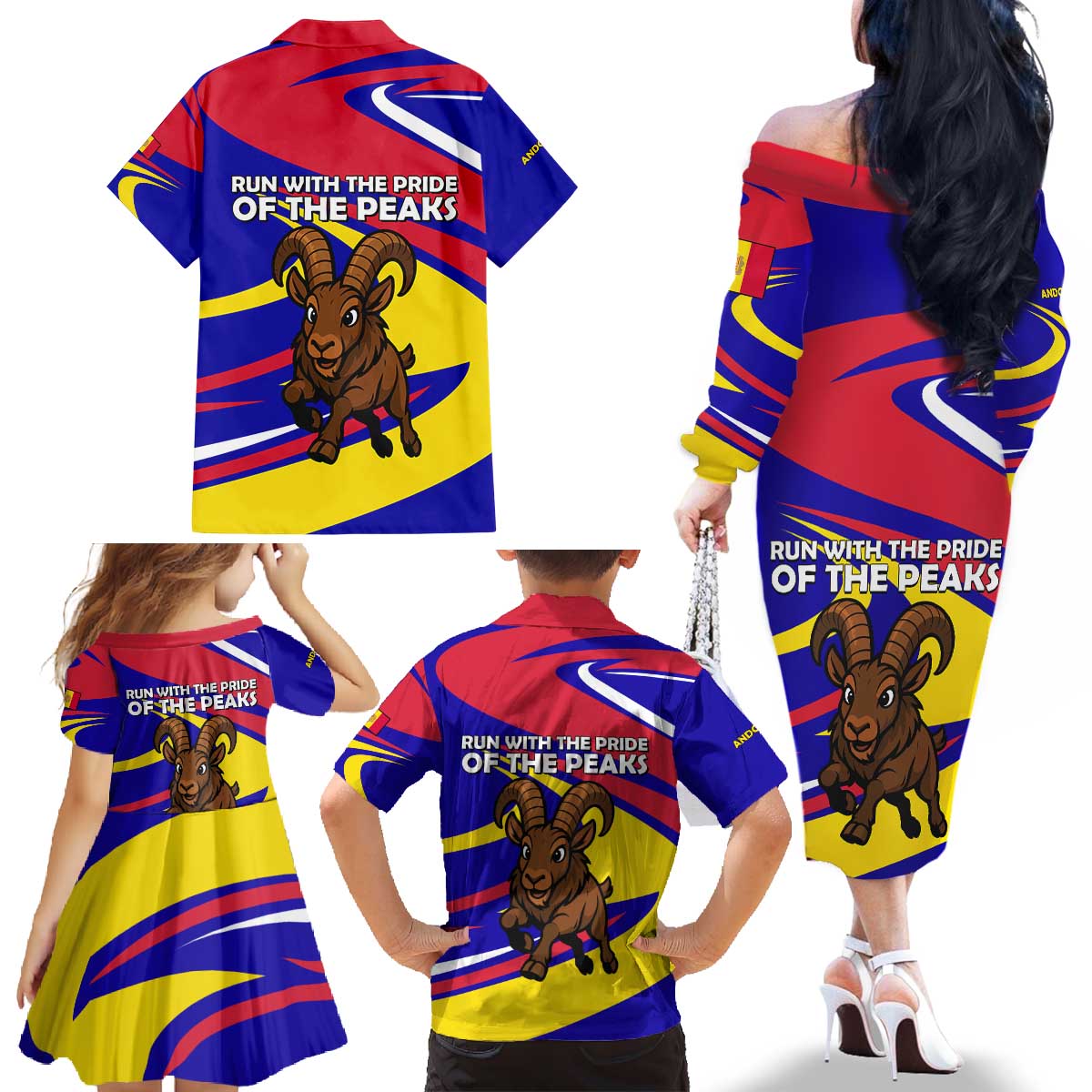 Andorra Family Matching Off The Shoulder Long Sleeve Dress and Hawaiian Shirt with Cartoon Ibex and Swirl Stripe Design - Wonder Print Shop