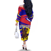 Andorra Family Matching Off The Shoulder Long Sleeve Dress and Hawaiian Shirt with Cartoon Ibex and Swirl Stripe Design - Wonder Print Shop