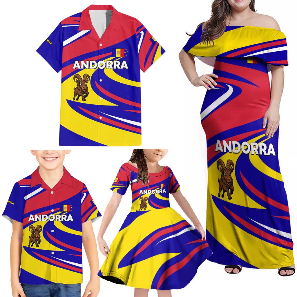 Andorra Family Matching Off Shoulder Maxi Dress and Hawaiian Shirt with Cartoon Ibex and Swirl Stripe Design - Wonder Print Shop