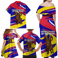 Andorra Family Matching Off Shoulder Maxi Dress and Hawaiian Shirt with Cartoon Ibex and Swirl Stripe Design - Wonder Print Shop