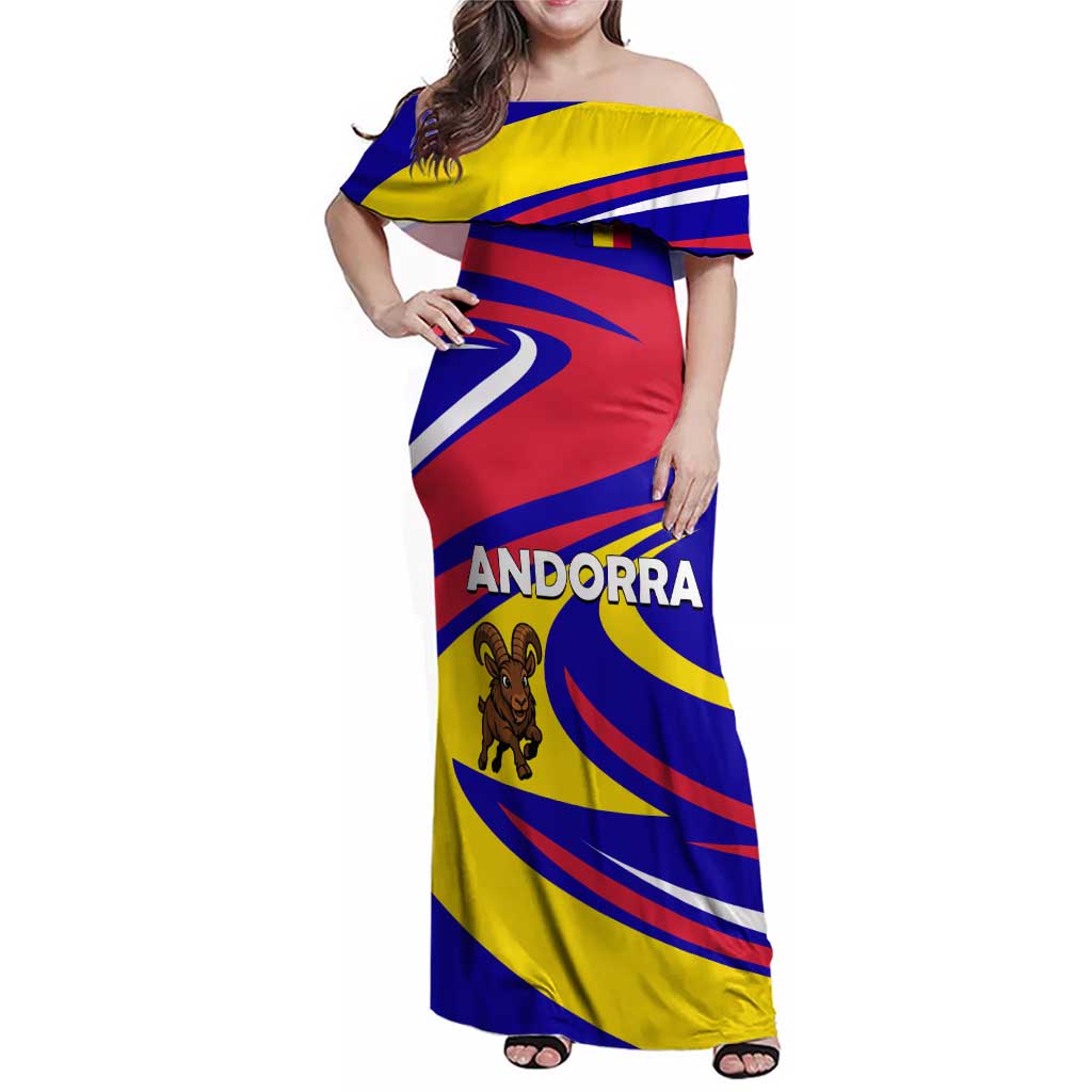 Andorra Family Matching Off Shoulder Maxi Dress and Hawaiian Shirt with Cartoon Ibex and Swirl Stripe Design - Wonder Print Shop