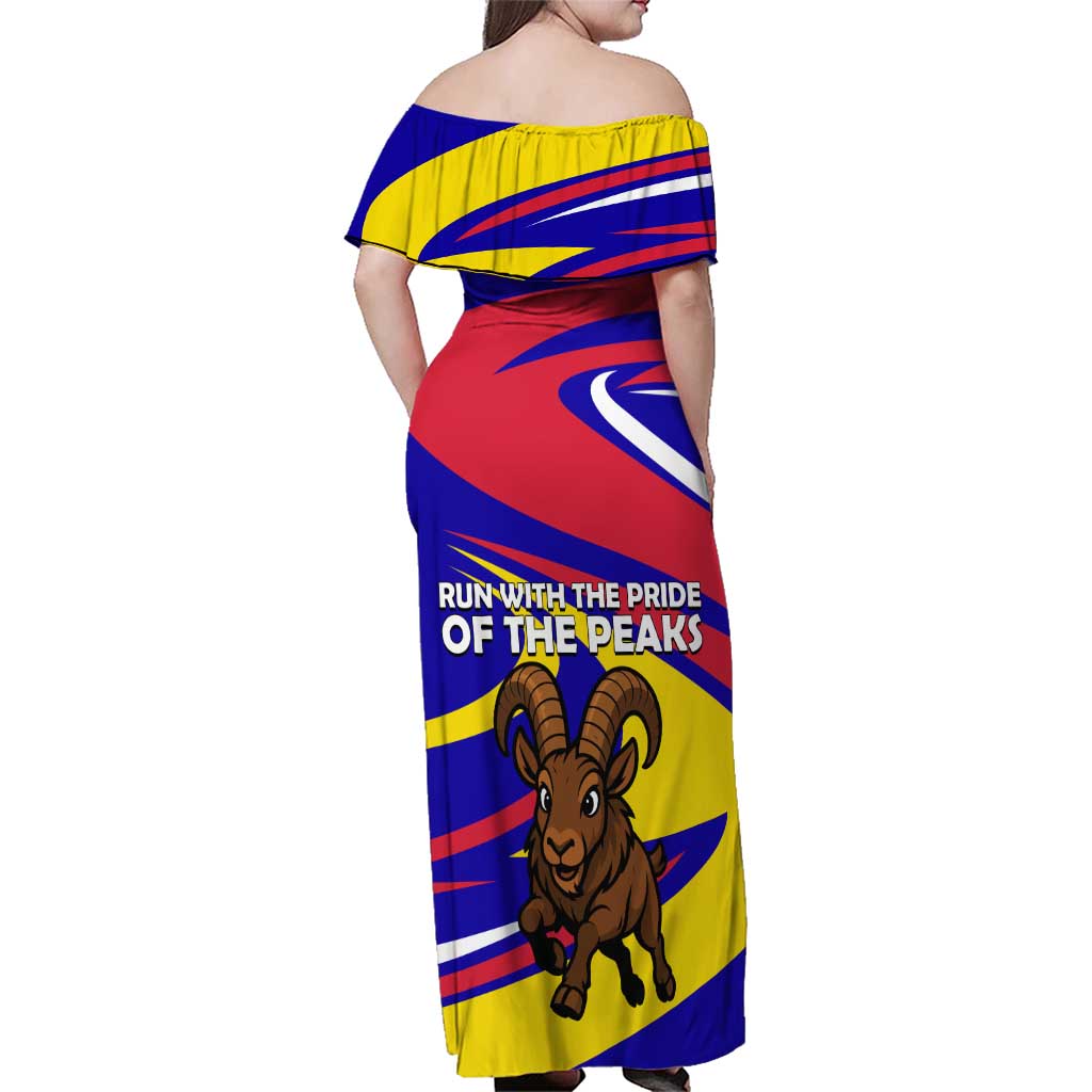 Andorra Family Matching Off Shoulder Maxi Dress and Hawaiian Shirt with Cartoon Ibex and Swirl Stripe Design - Wonder Print Shop