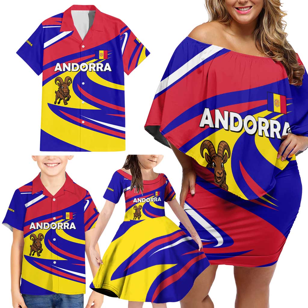 Andorra Family Matching Off Shoulder Short Dress and Hawaiian Shirt with Cartoon Ibex and Swirl Stripe Design - Wonder Print Shop