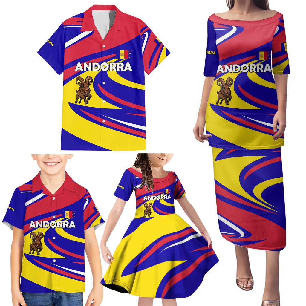 Andorra Family Matching Puletasi and Hawaiian Shirt with Cartoon Ibex and Swirl Stripe Design - Wonder Print Shop