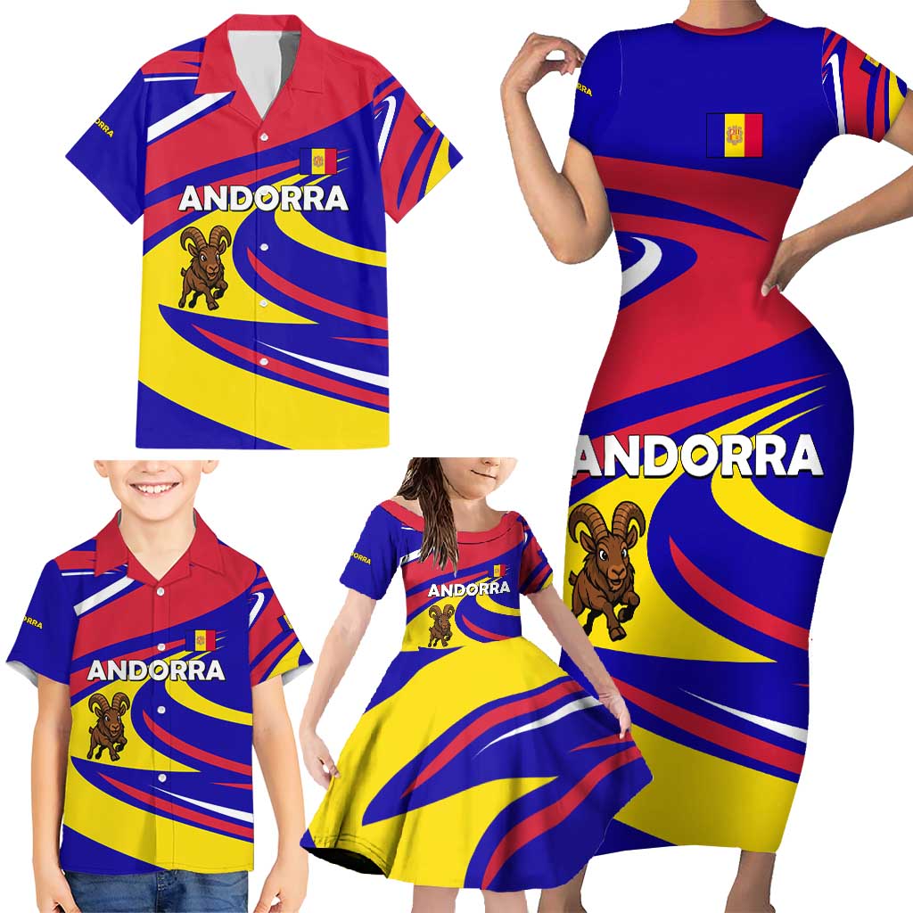 Andorra Family Matching Short Sleeve Bodycon Dress and Hawaiian Shirt with Cartoon Ibex and Swirl Stripe Design - Wonder Print Shop
