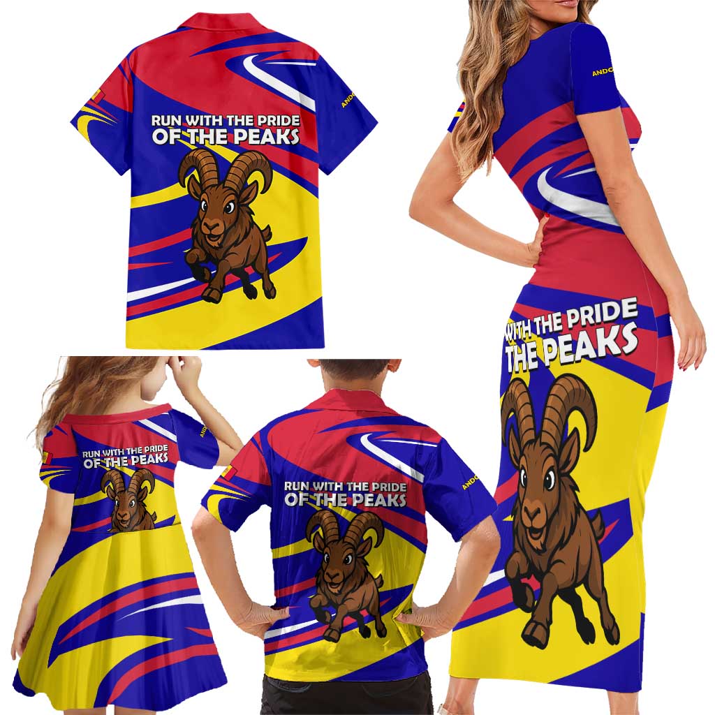 Andorra Family Matching Short Sleeve Bodycon Dress and Hawaiian Shirt with Cartoon Ibex and Swirl Stripe Design - Wonder Print Shop