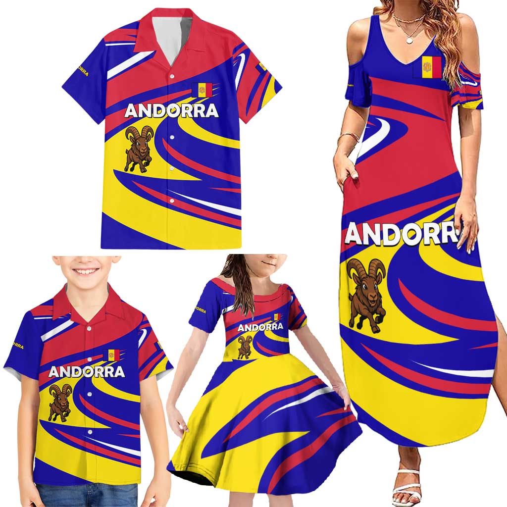 Andorra Family Matching Summer Maxi Dress and Hawaiian Shirt with Cartoon Ibex and Swirl Stripe Design - Wonder Print Shop