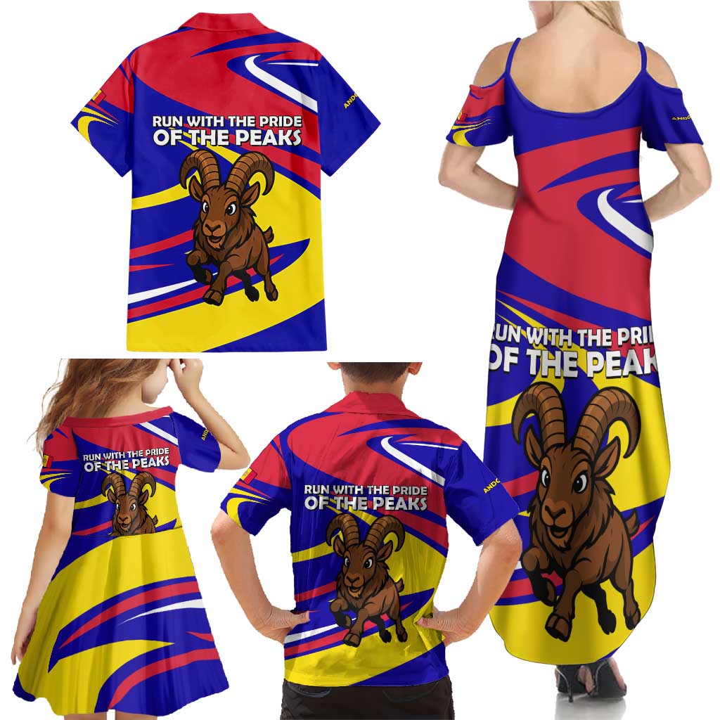 Andorra Family Matching Summer Maxi Dress and Hawaiian Shirt with Cartoon Ibex and Swirl Stripe Design - Wonder Print Shop