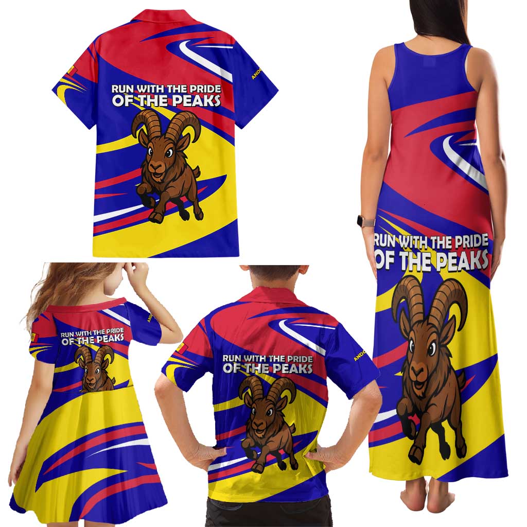 Andorra Family Matching Tank Maxi Dress and Hawaiian Shirt with Cartoon Ibex and Swirl Stripe Design - Wonder Print Shop