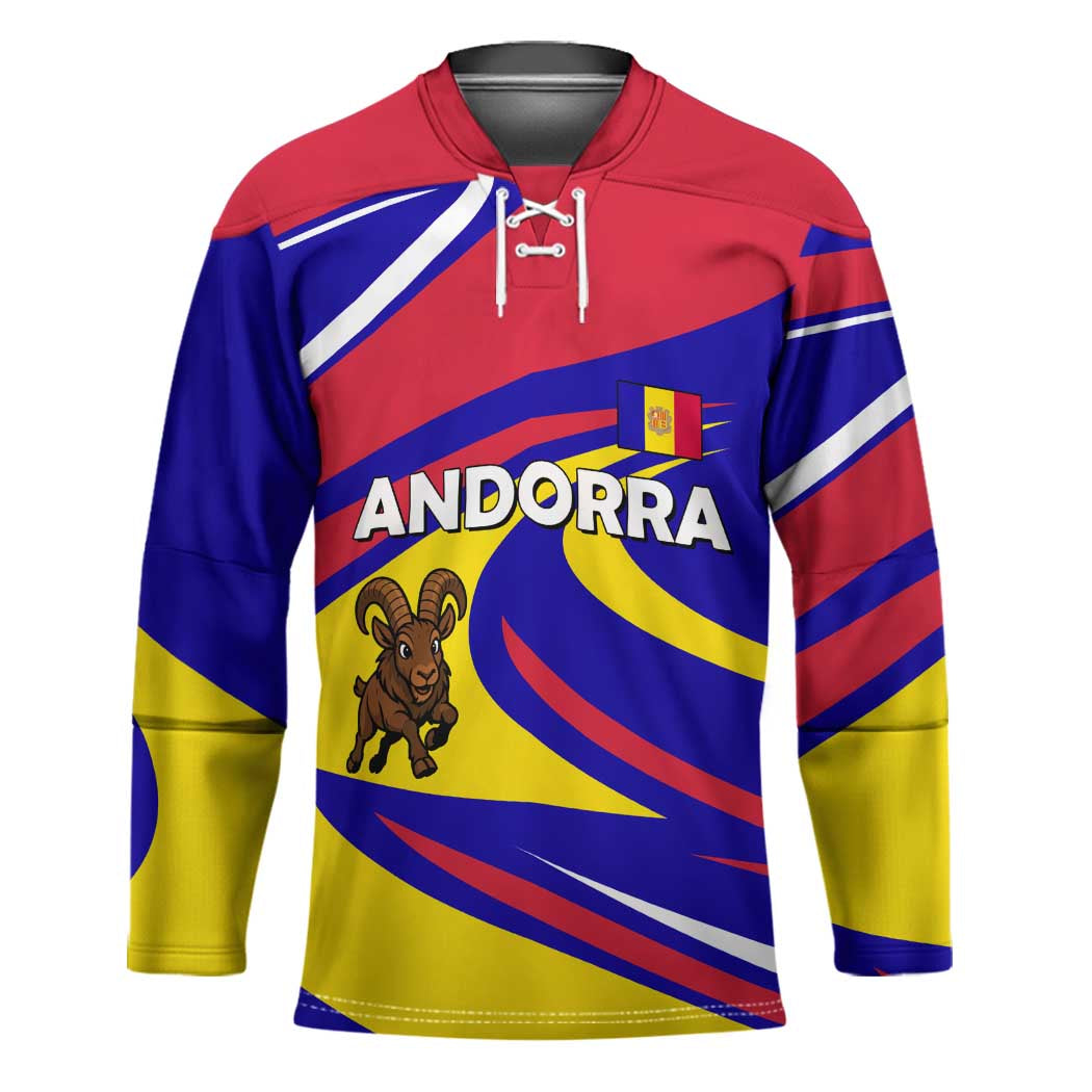 Andorra Hockey Jersey with Cartoon Ibex and Swirl Stripe Design - Wonder Print Shop