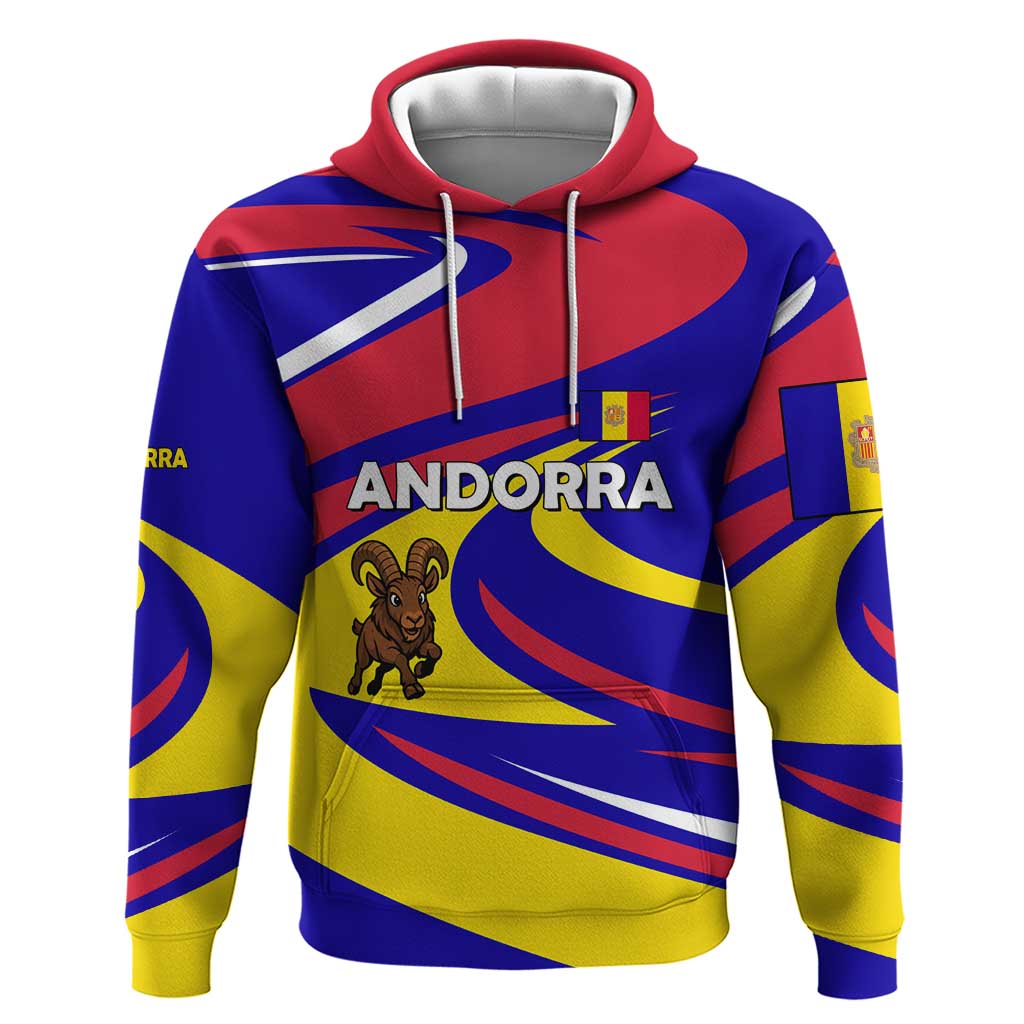 Andorra Hoodie with Cartoon Ibex and Swirl Stripe Design - Wonder Print Shop
