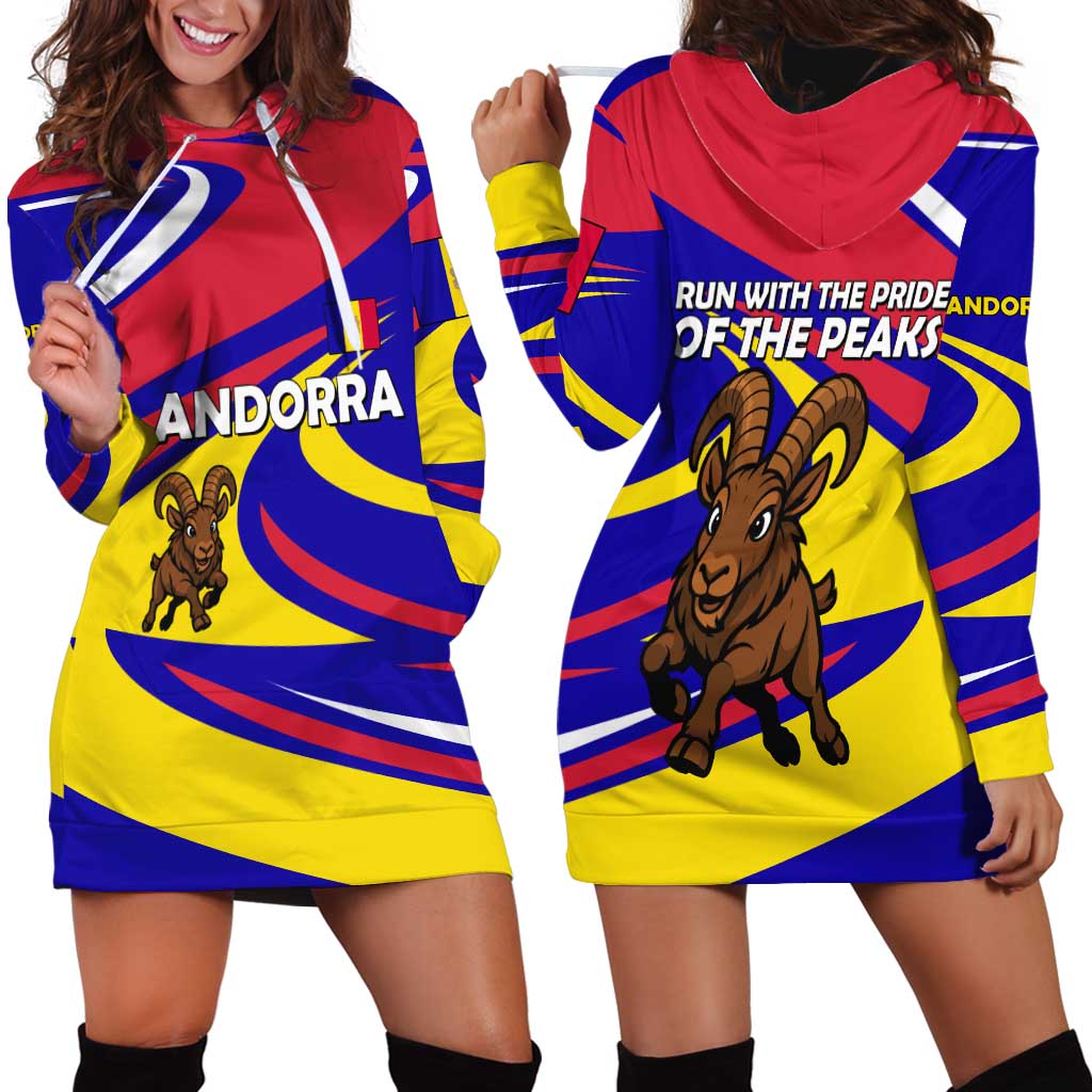 Andorra Hoodie Dress with Cartoon Ibex and Swirl Stripe Design - Wonder Print Shop