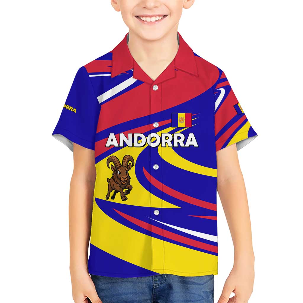 Andorra Kid Hawaiian Shirt with Cartoon Ibex and Swirl Stripe Design - Wonder Print Shop