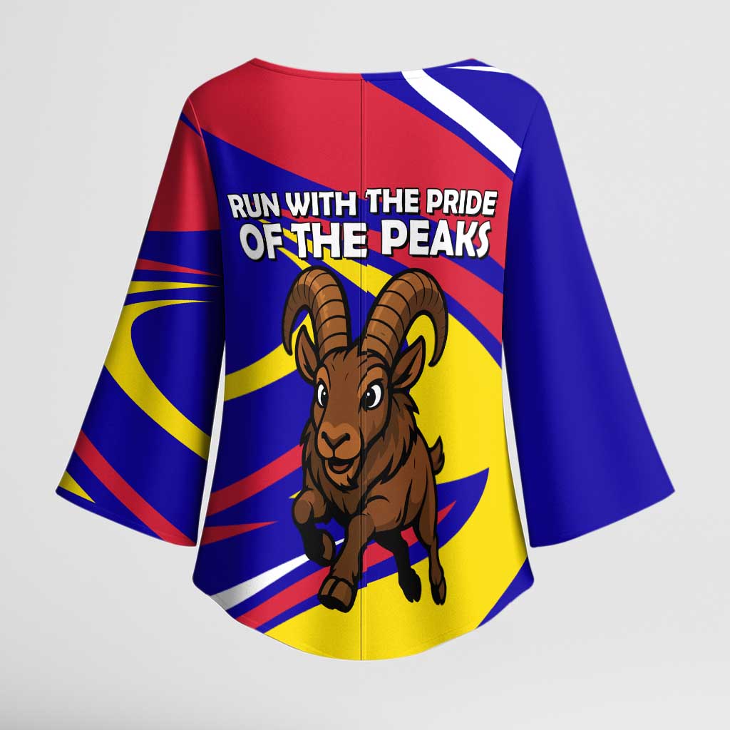 Andorra Kimono Sleeve Blouse with Cartoon Ibex and Swirl Stripe Design - Wonder Print Shop