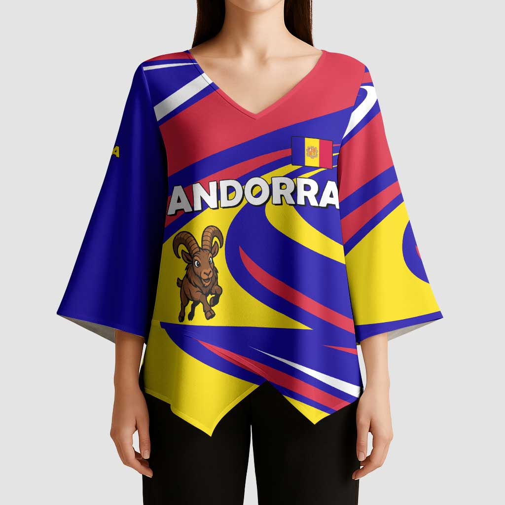 Andorra Kimono Sleeve Blouse with Cartoon Ibex and Swirl Stripe Design - Wonder Print Shop