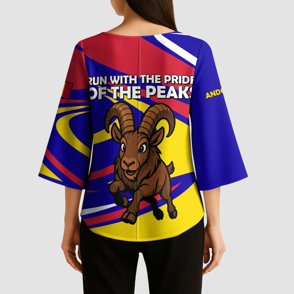 Andorra Kimono Sleeve Blouse with Cartoon Ibex and Swirl Stripe Design - Wonder Print Shop