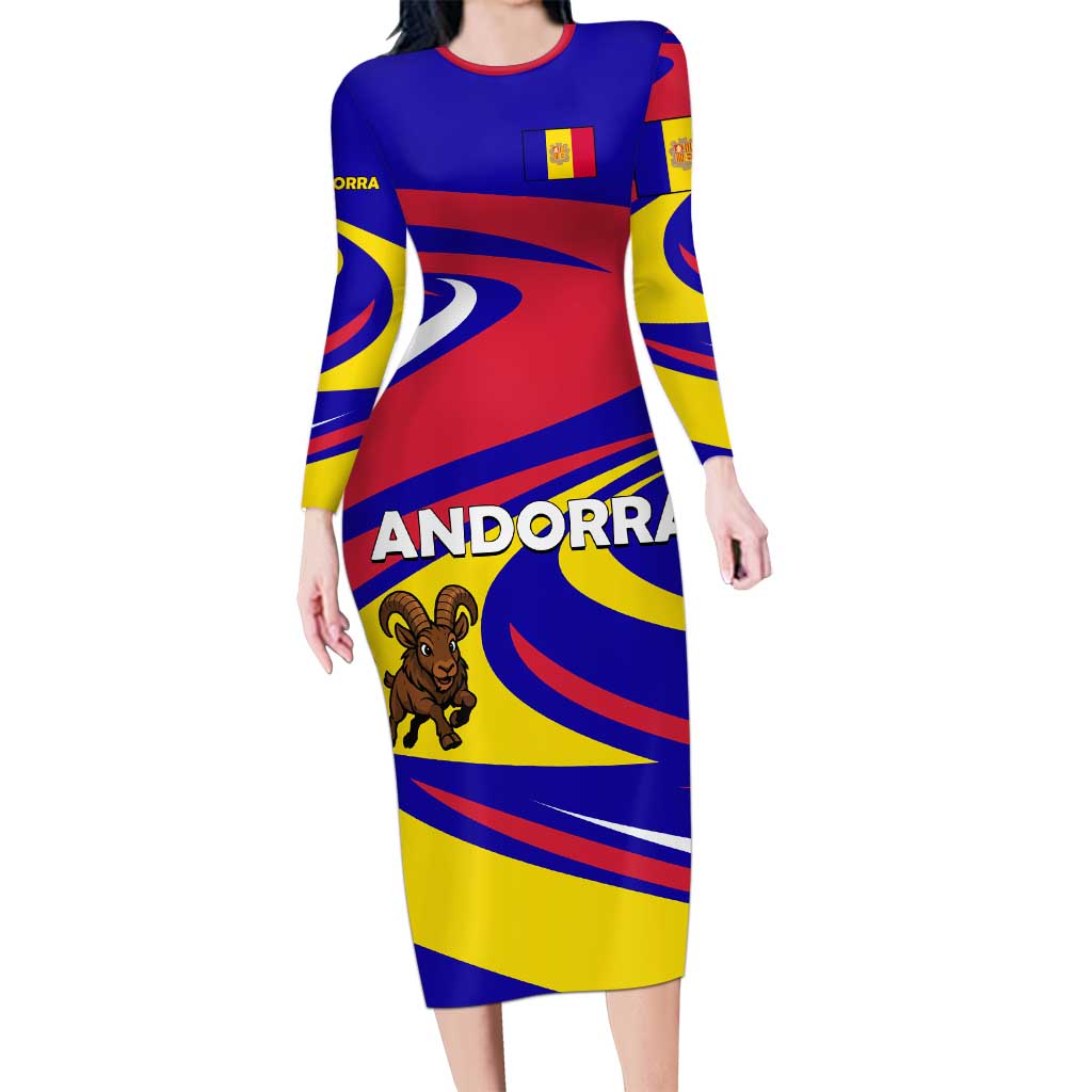 Andorra Long Sleeve Bodycon Dress with Cartoon Ibex and Swirl Stripe Design - Wonder Print Shop