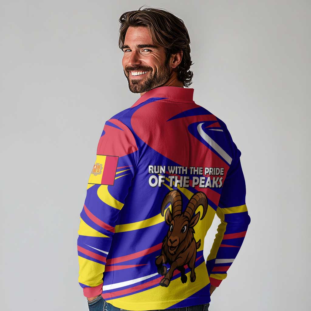Andorra Long Sleeve Polo Shirt with Cartoon Ibex and Swirl Stripe Design - Wonder Print Shop