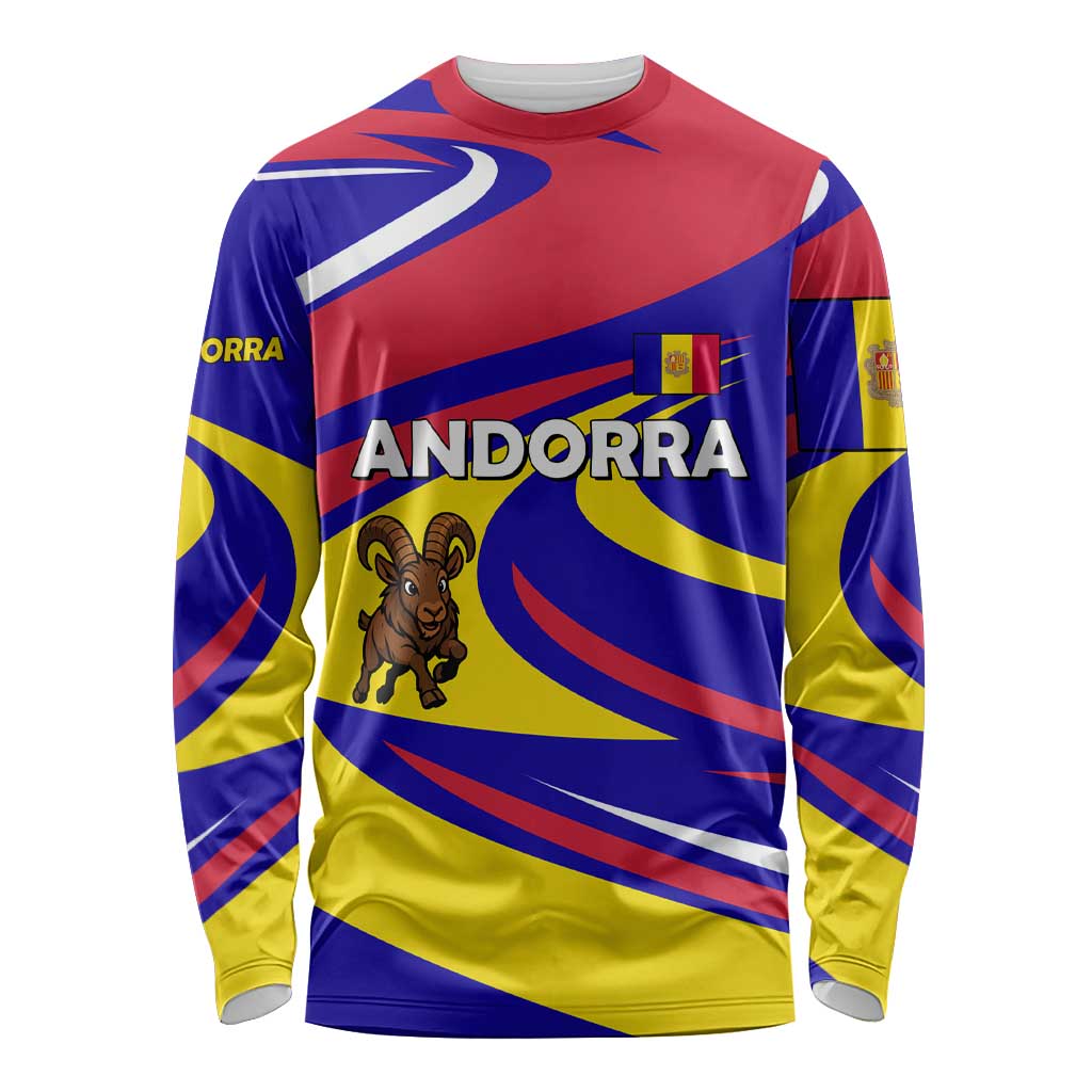 Andorra Long Sleeve Shirt with Cartoon Ibex and Swirl Stripe Design - Wonder Print Shop