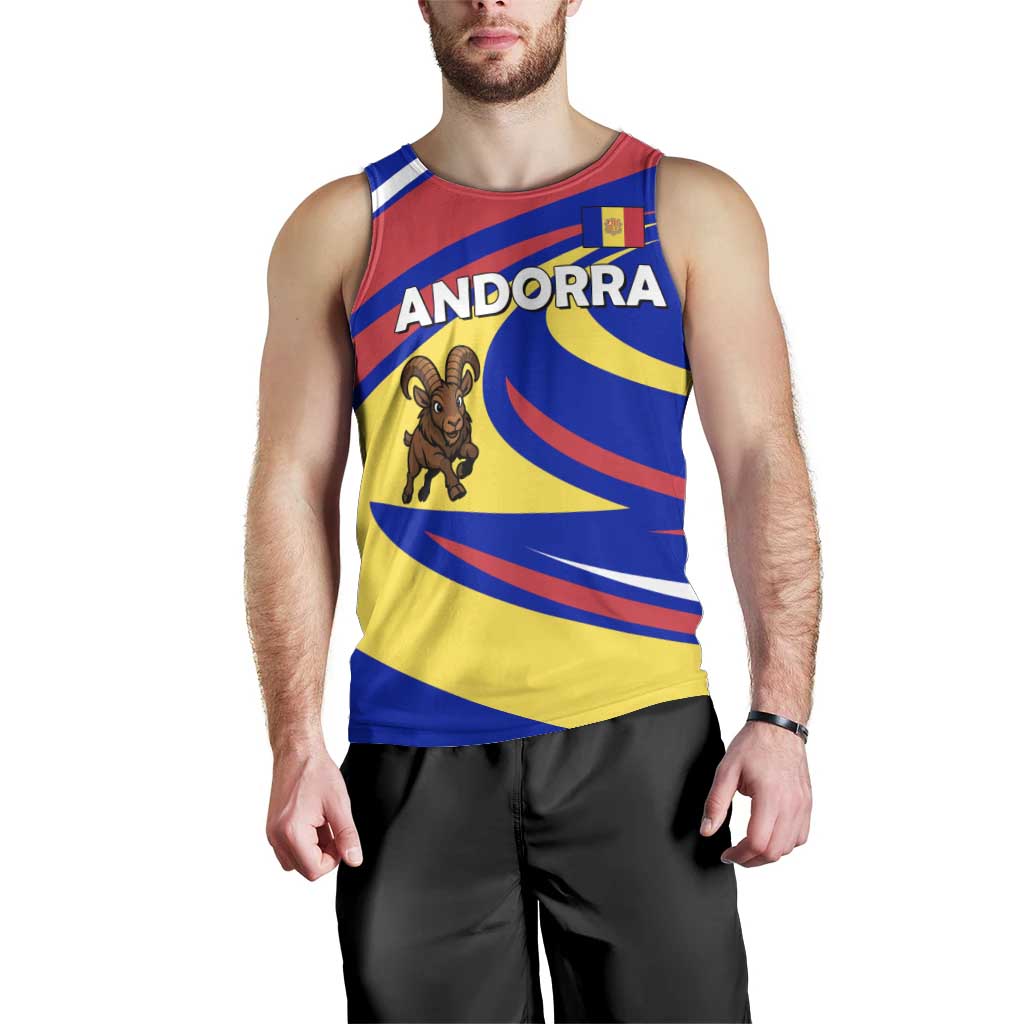 Andorra Men Tank Top with Cartoon Ibex and Swirl Stripe Design - Wonder Print Shop