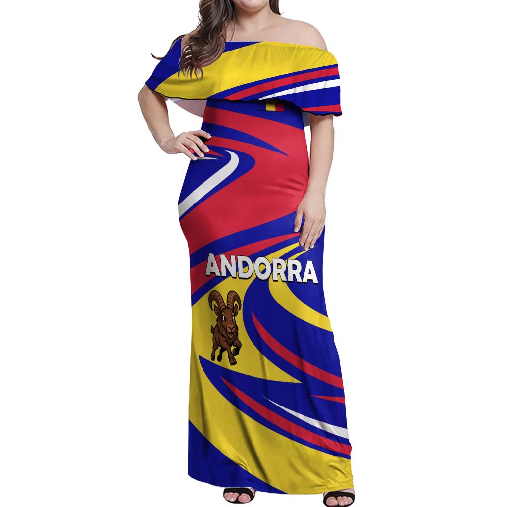 Andorra Off Shoulder Maxi Dress with Cartoon Ibex and Swirl Stripe Design - Wonder Print Shop